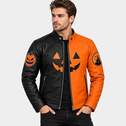 Men's black and orange Halloween pumpkin biker jacket front view