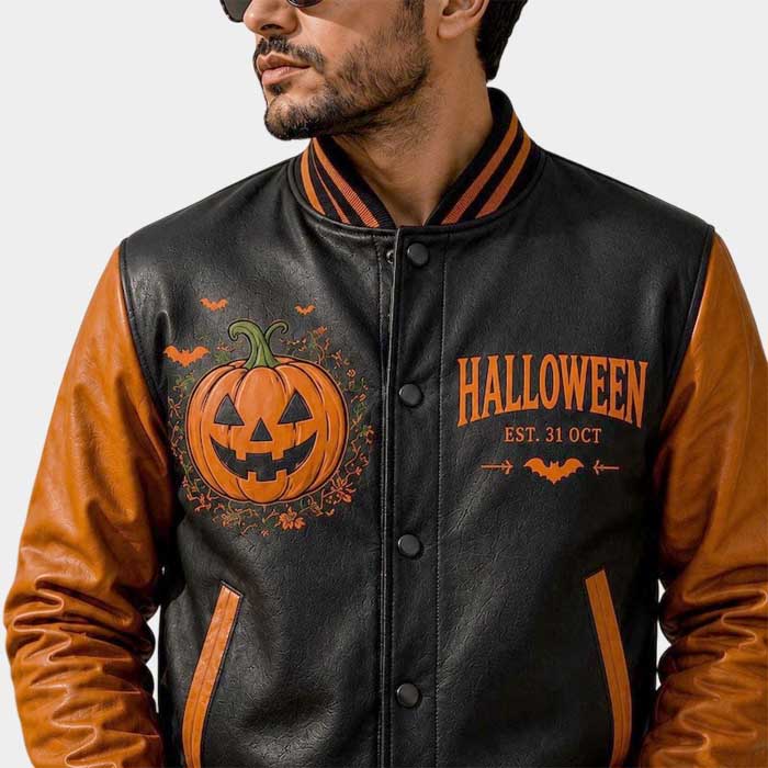 Pumpkin chest print leather bomber jacket close-up