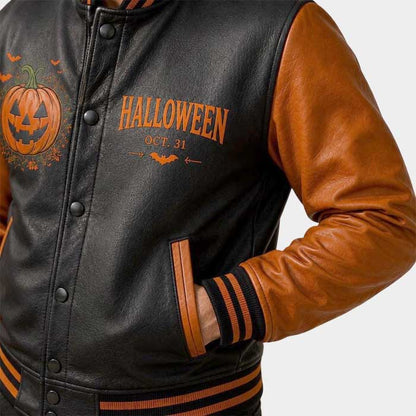 Men's leather varsity jacket with ribbed collar and cuffs