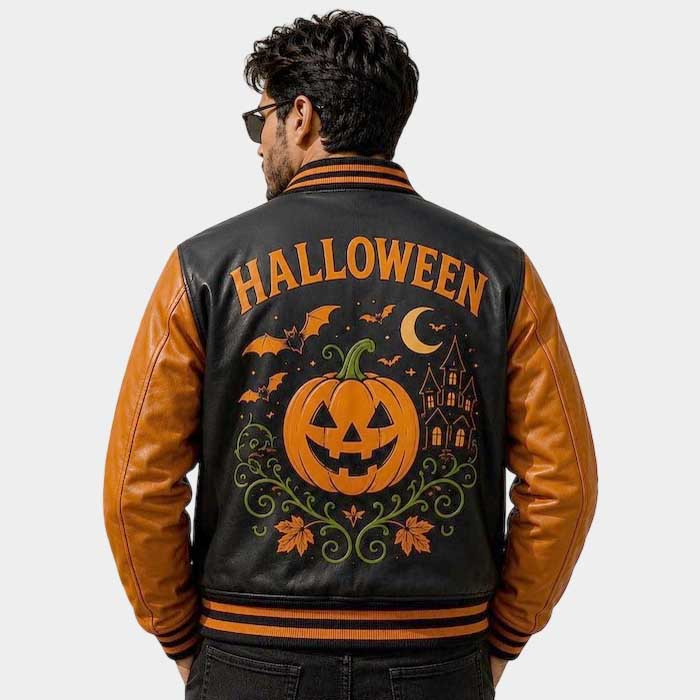 Halloween varsity jacket with large graphic artwork on back