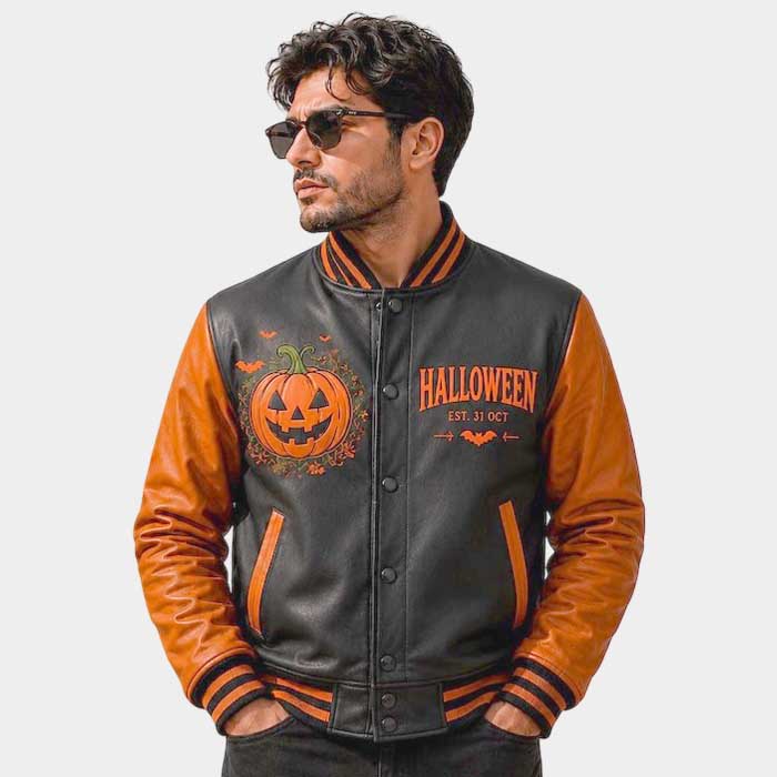 Men's handmade Halloween pumpkin leather varsity jacket