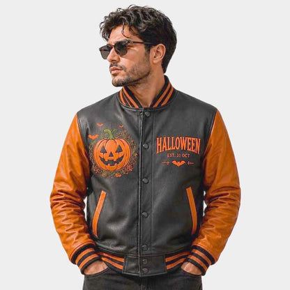 Men's handmade Halloween pumpkin leather varsity jacket
