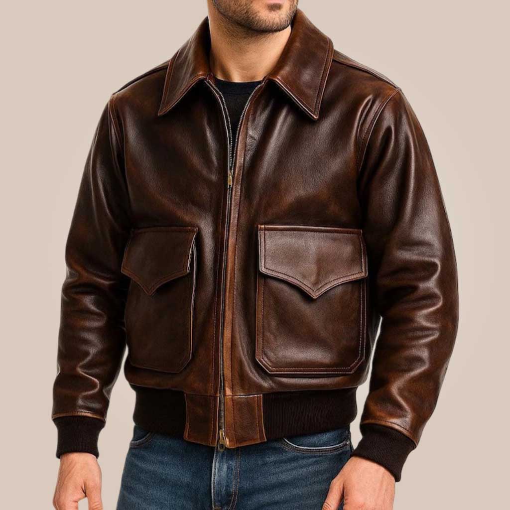 men’s handmade leather bomber jacket in brown
