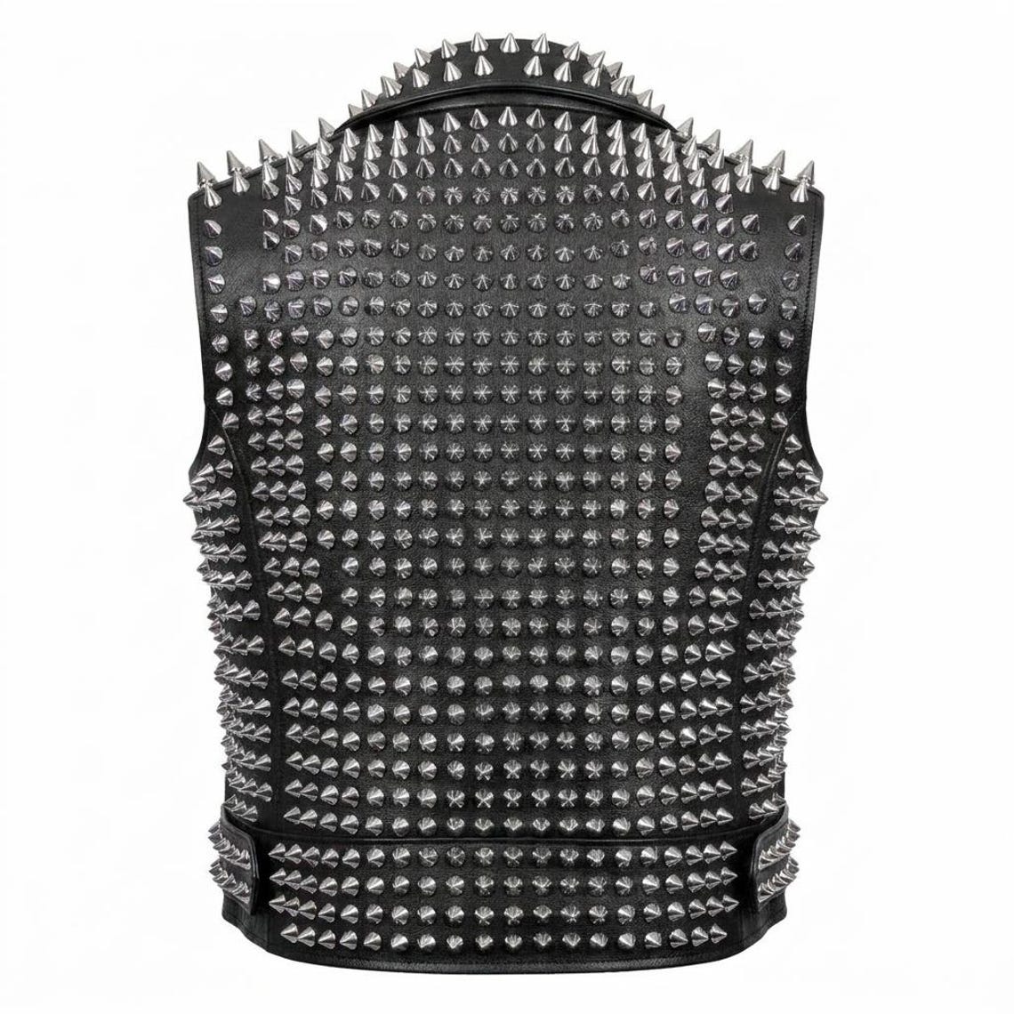 Back view of heavy studded leather vest with detailed stud pattern