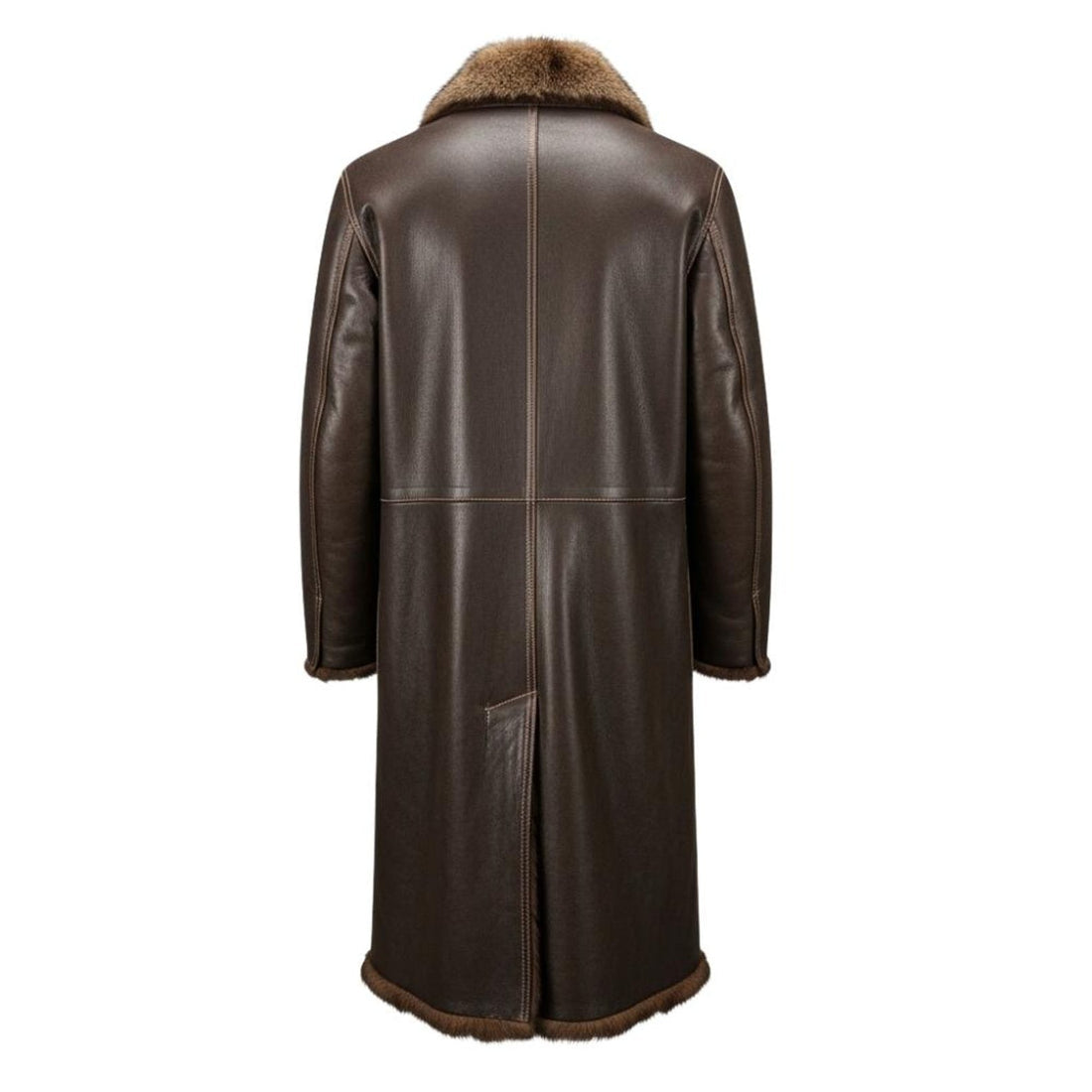 Back view of long mens leather trench coat