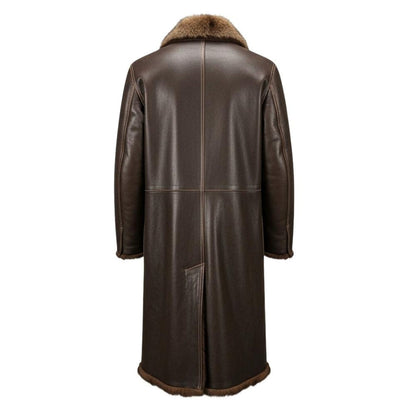 Back view of long mens leather trench coat