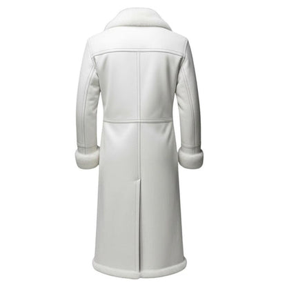 Back view of long white leather trench coat for men