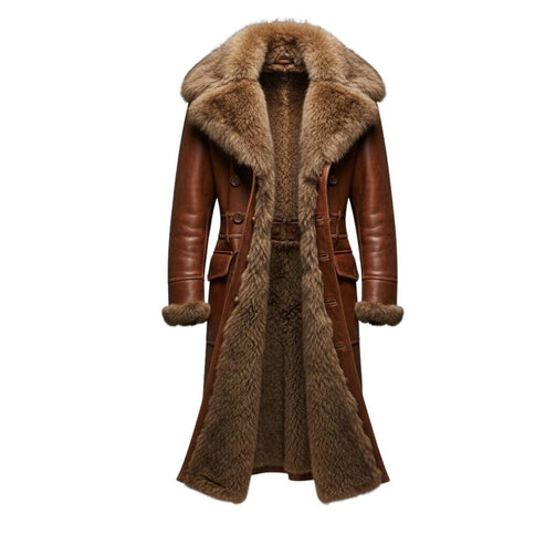 Front view of men luxury leather trench coat with fur lining