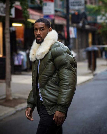 Green lambskin bomber jacket with off-white fox fur collar