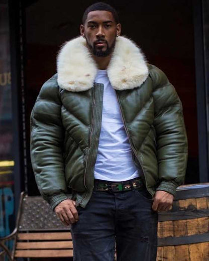 Men's money green leather V-bomber jacket front view