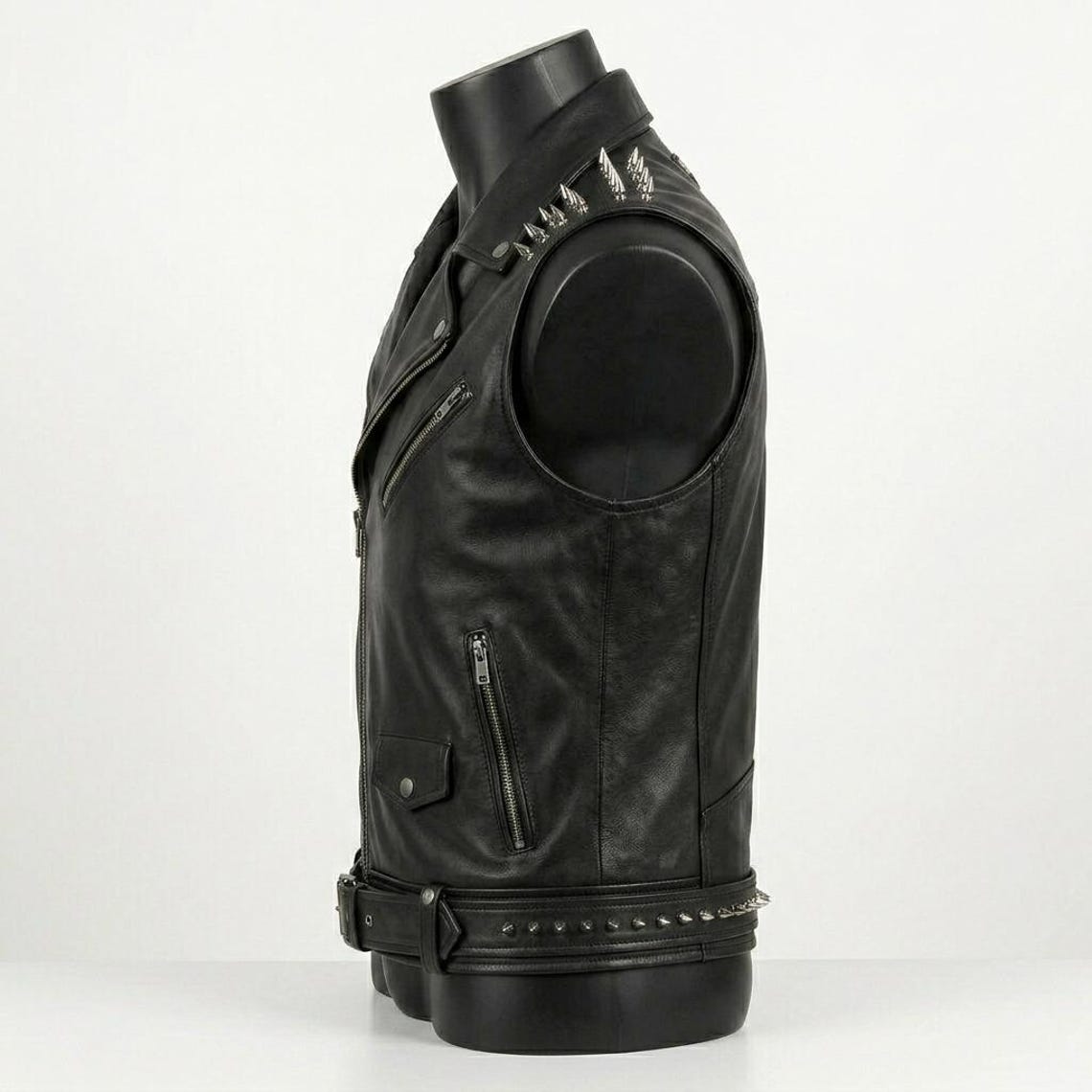 Side profile of men black leather biker vest for motorcycle riding