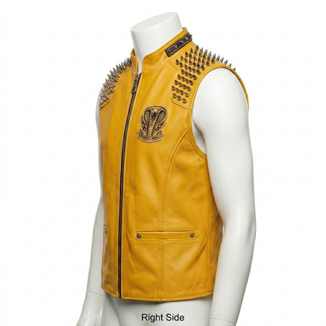 Side view of men motorcycle yellow leather vest