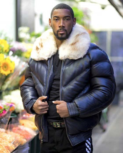 Men's navy blue leather V-bomber jacket front view