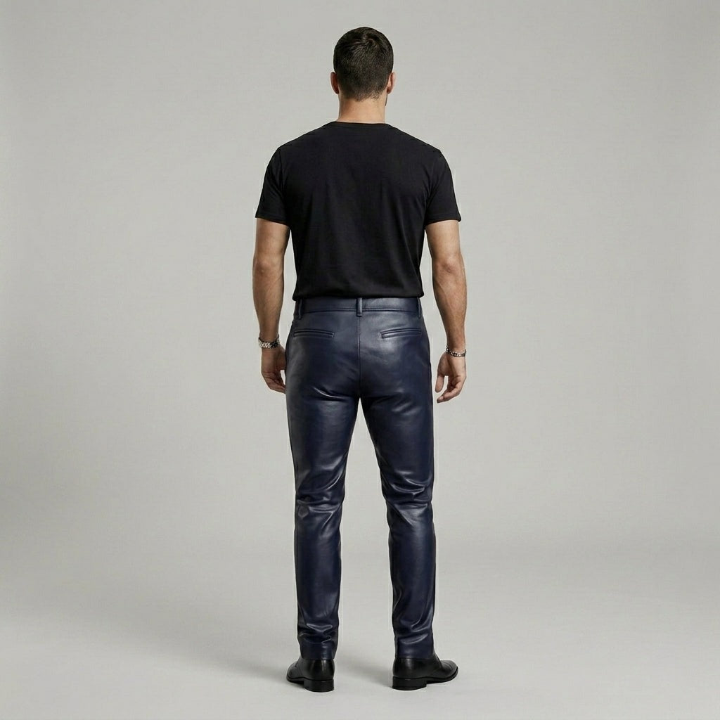 Slim fit navy blue leather pants for men