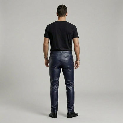 Slim fit navy blue leather pants for men