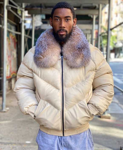 Cream lambskin bomber jacket with crystal fox collar