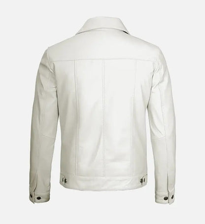 Off-white men's leather jacket with a classic trucker silhouette