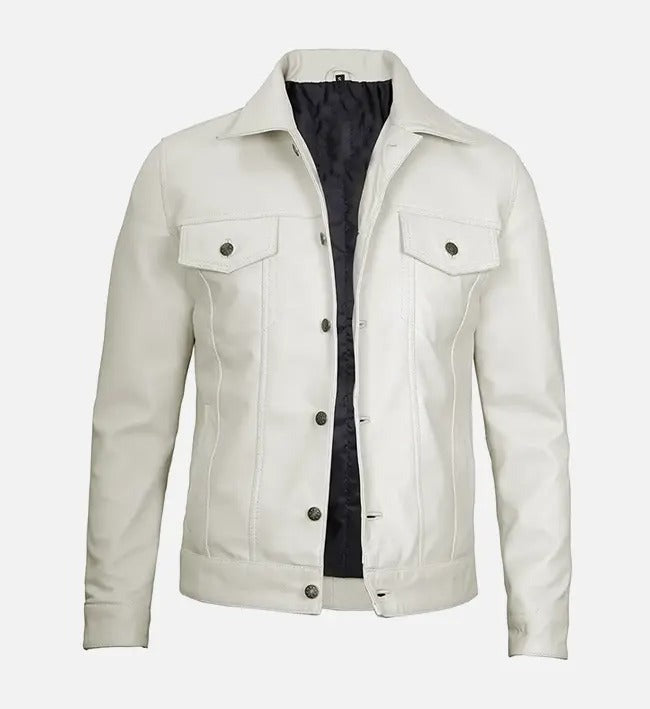 Men's off-white genuine sheepskin leather trucker jacket