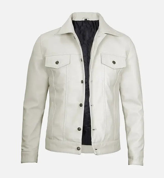 Men's off-white genuine sheepskin leather trucker jacket