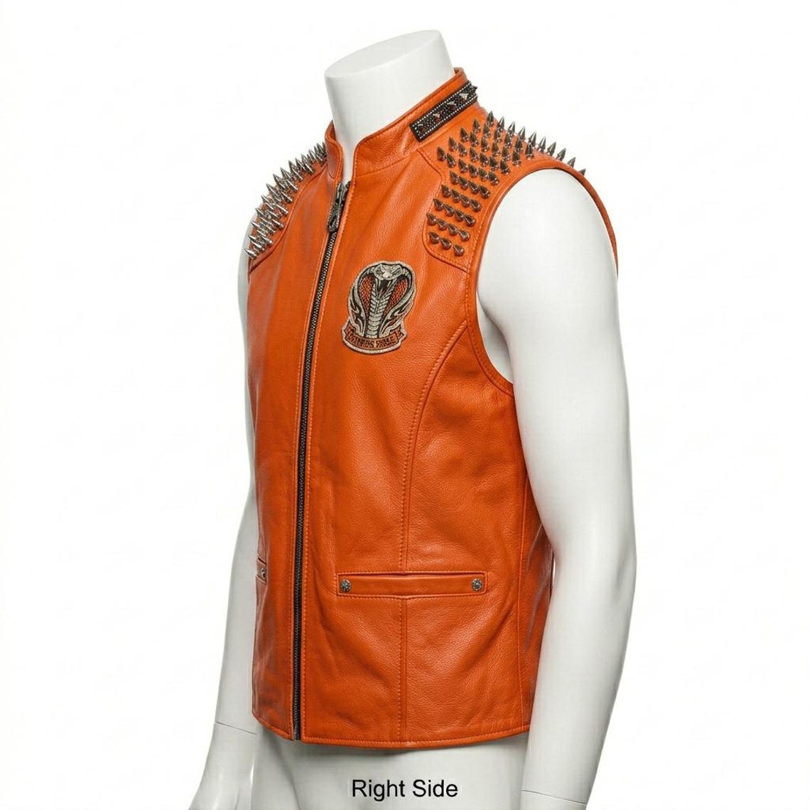 Side profile of men orange leather biker waistcoat in genuine leather