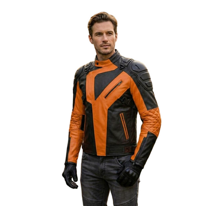 Front view of mens orange and black leather motorcycle jacket