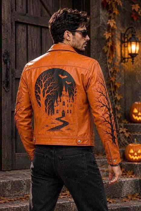 Men's gothic pumpkin biker jacket with bat artwork