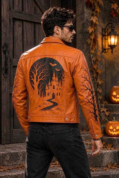 Men's gothic pumpkin biker jacket with bat artwork