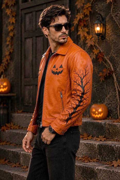 Orange black men's Halloween moto jacket with spooky tree design