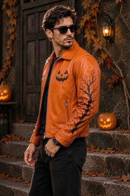 Orange black men's Halloween moto jacket with spooky tree design