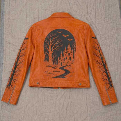 Gothic men's Halloween biker jacket with pumpkin and bat graphics