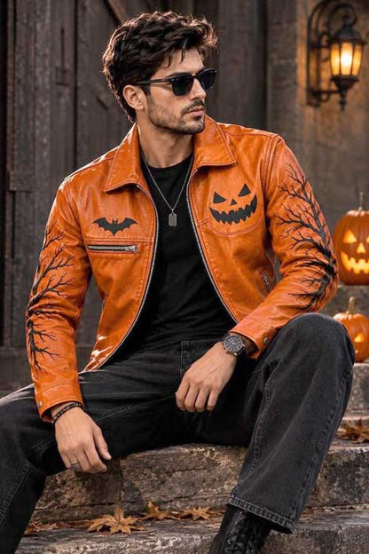 Men's orange and black pumpkin Halloween biker jacket