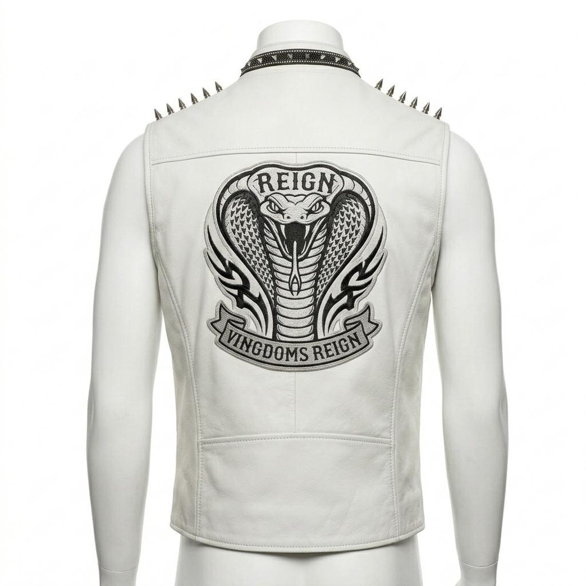 Back embroidery design on men white leather biker vest