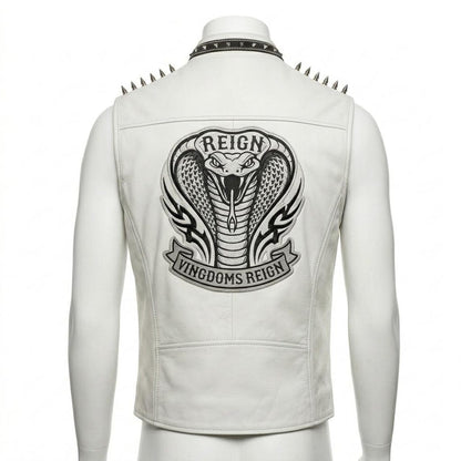Back embroidery design on men white leather biker vest