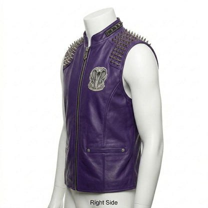 Side profile of men purple leather biker vest streetwear style