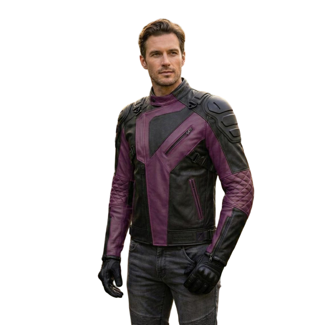  Front view of mens purple and black leather motorcycle jacket with quilted detailing