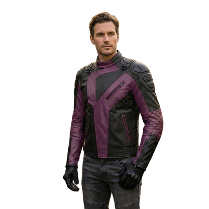  Front view of mens purple and black leather motorcycle jacket with quilted detailing