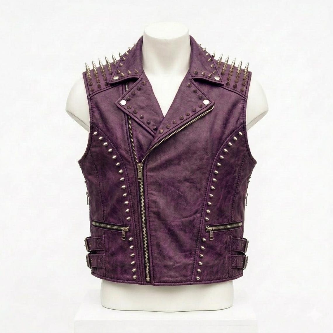  Front view of purple leather biker vest for men with studded gothic design