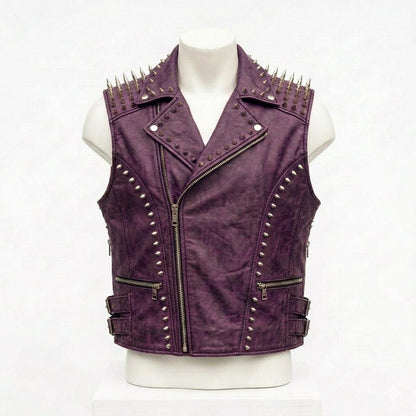  Front view of purple leather biker vest for men with studded gothic design