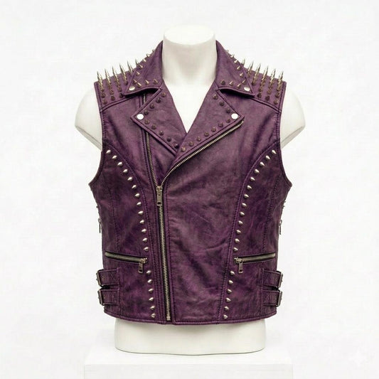  Front view of purple leather biker vest for men with studded gothic design