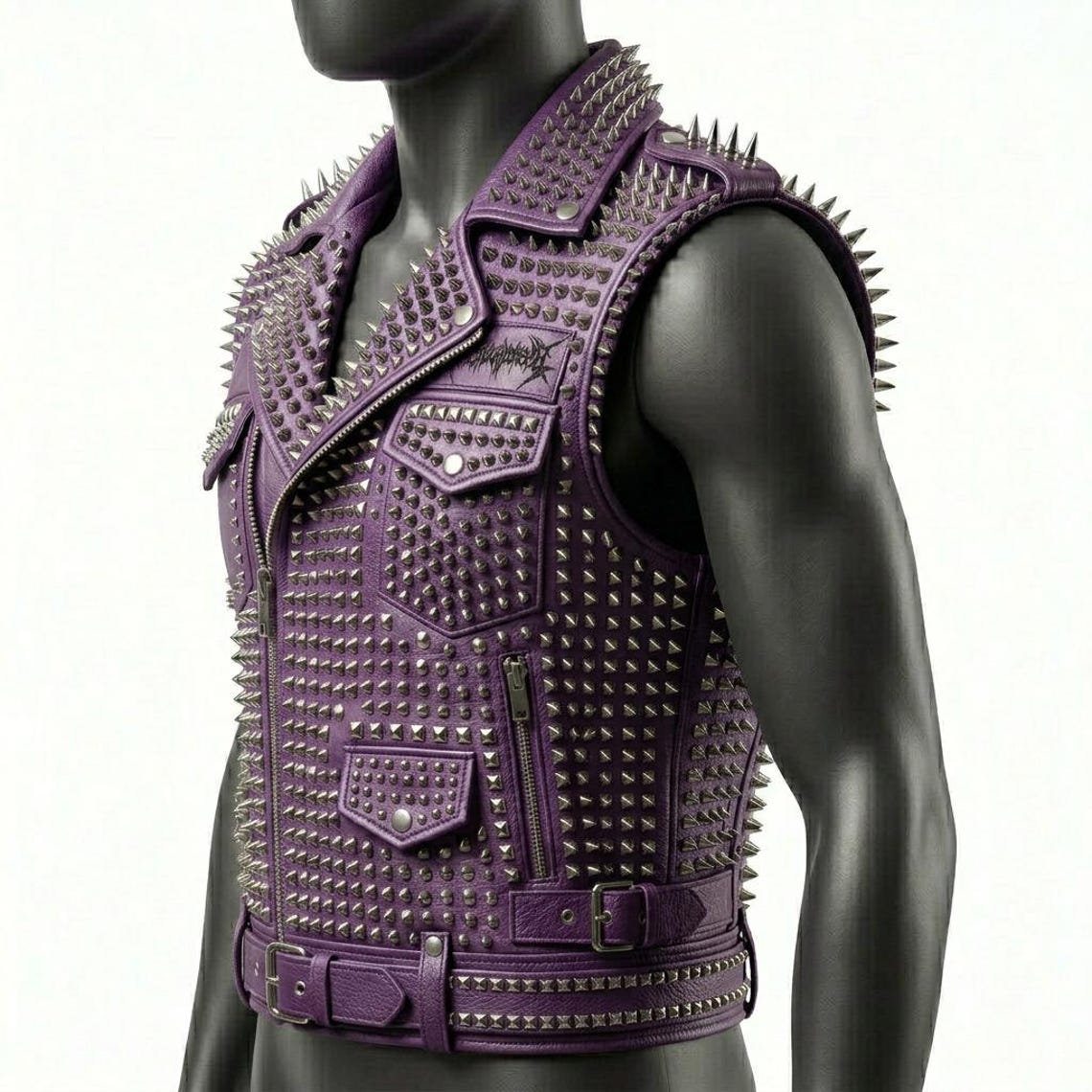  Side angle of purple leather biker vest for men with metal spikes

