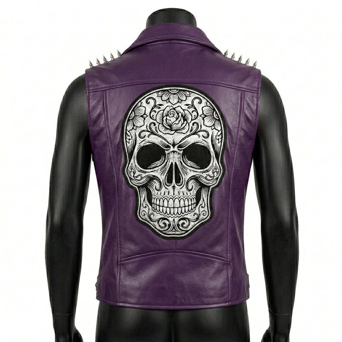 Back view of purple leather biker waistcoat for men