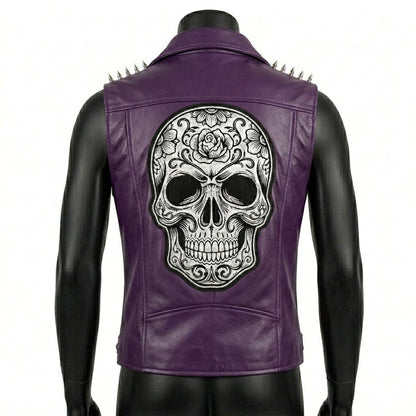 Back view of purple leather biker waistcoat for men