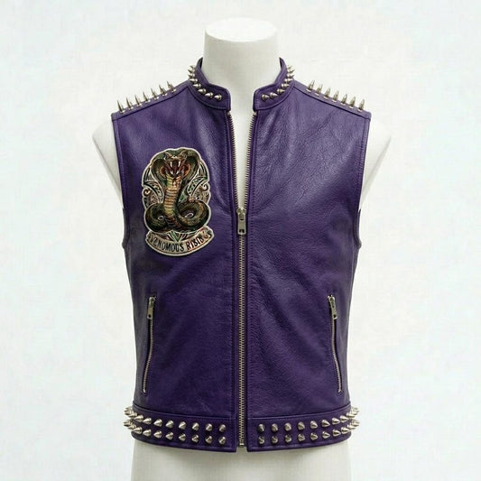 Front view of men’s purple leather vest with embroidered patch and studded detail