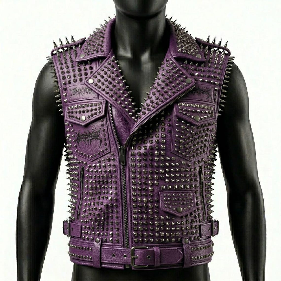Front view of men purple spiked leather biker vest with gothic stud detailing