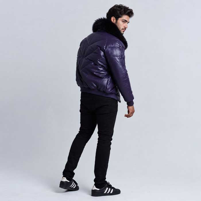 Men's purple Goose Country leather bomber jacket with removable faux-fur collar
