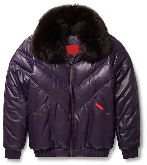 Purple men's genuine leather aviator jacket with V-neck styling