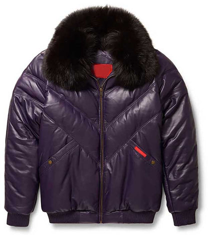 Purple men's genuine leather aviator jacket with V-neck styling