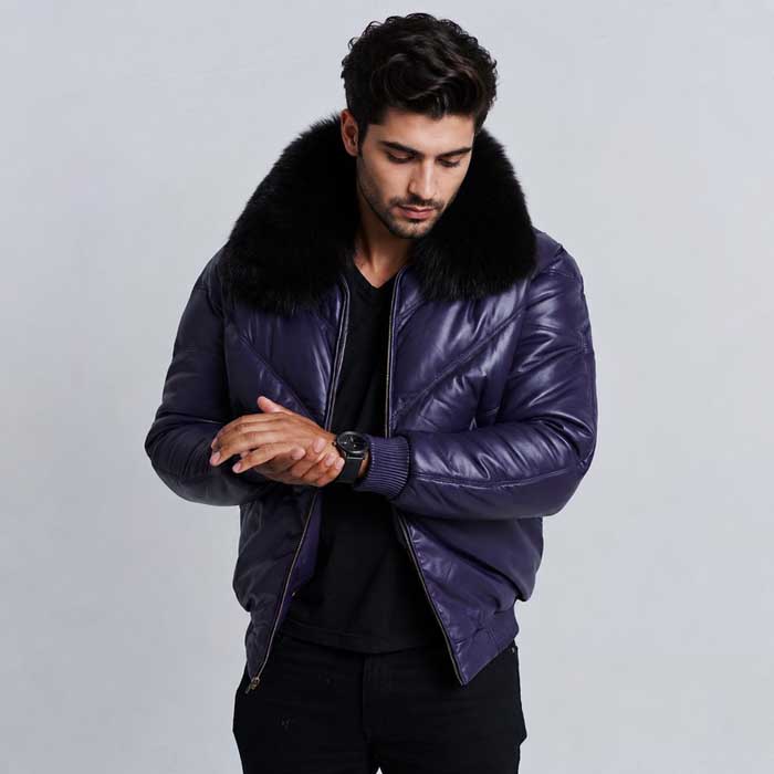 Men's purple V-Bomber genuine sheepskin leather jacket with black faux-fur collar
