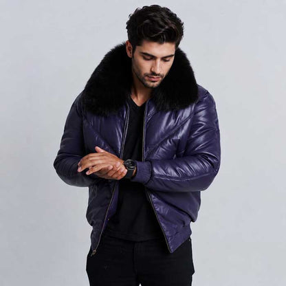 Men's purple V-Bomber genuine sheepskin leather jacket with black faux-fur collar