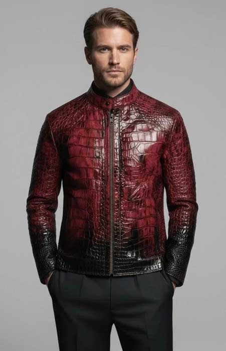 Men's luxury red black textured leather jacket with crocodile pattern